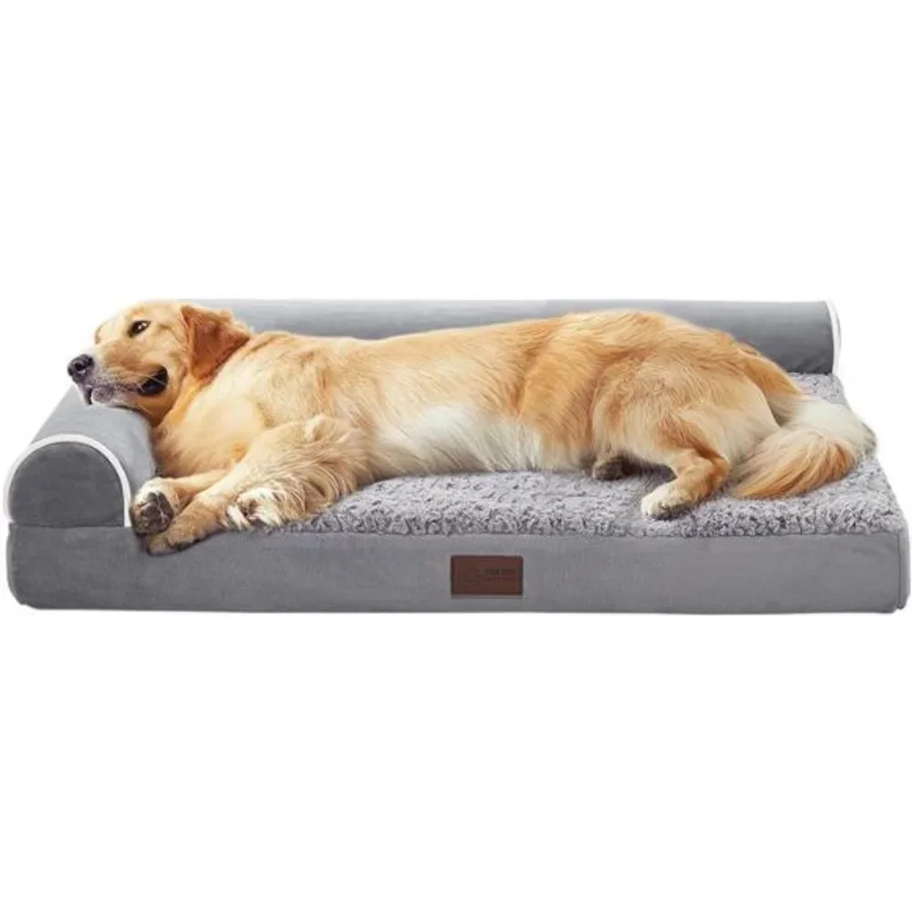 Large Orthopedic Dog Bed w/ Waterproof Washable Cover Faux Fur Velvet Bed, Grey